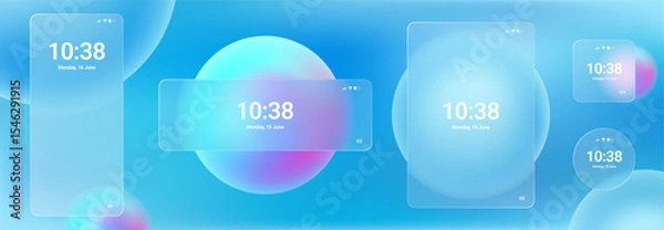 Fototapeta Glassmorphism UI. User interface elements for mobile app. Glass texture icons set. Vector. Simple modern design. For web, social media, business. Eps10 illustration. Abstract background. Blue color.