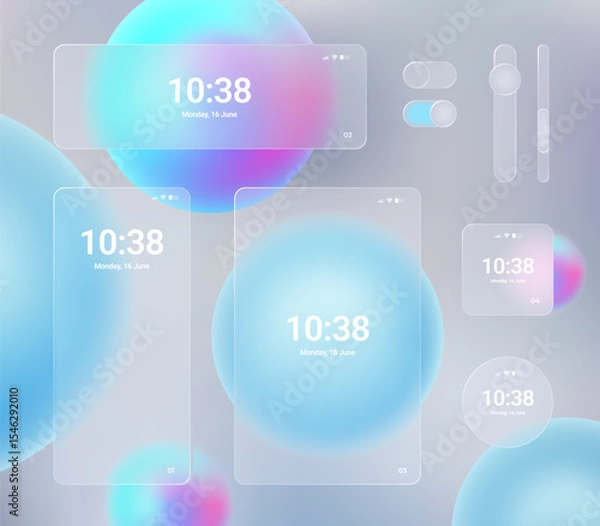 Fototapeta Glassmorphism UI. User interface elements for mobile app. Glass texture icons set. Vector. Simple modern design. For web, social media, business. Eps10 illustration. Abstract background. Blue color.