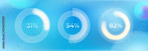 Fototapeta Glassmorphism style circular progress indicator. Transparent glass UI element showing percentage. Animation. UI, User interface. Minimalistic 3d template. Realistic modern design. Vector illustration.