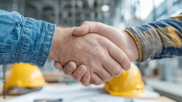 Fototapeta Two construction workers in work clothes shake hands over blueprints and yellow helmets in a warehouse, sealing a deal for collaboration and partnership here.
