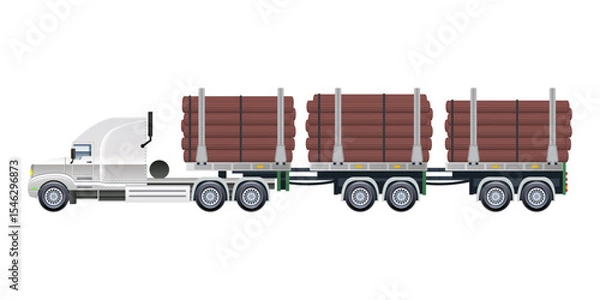 Fototapeta Low Loader Semi Trailer Logging Truck Loaded with Freshly Cut Logs vector illustration