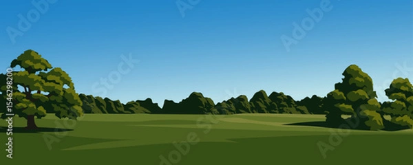 Fototapeta Meadow and forest landscape with clear sky in the background