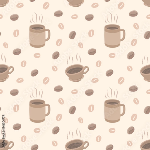 Fototapeta Tile pattern with warm coffee cups and beans