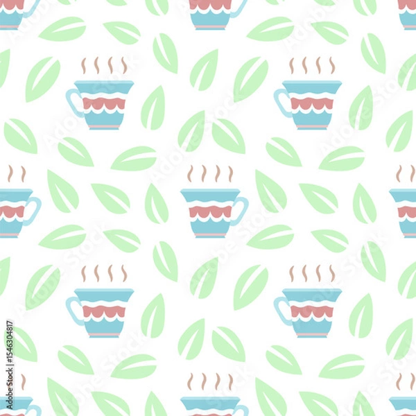 Fototapeta Seamless pattern with tea cups and leaves