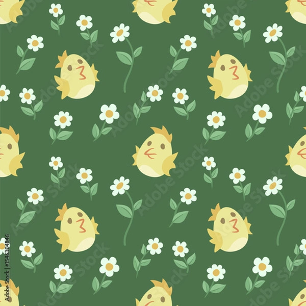 Fototapeta Seamless pattern with cute chicks and daisies