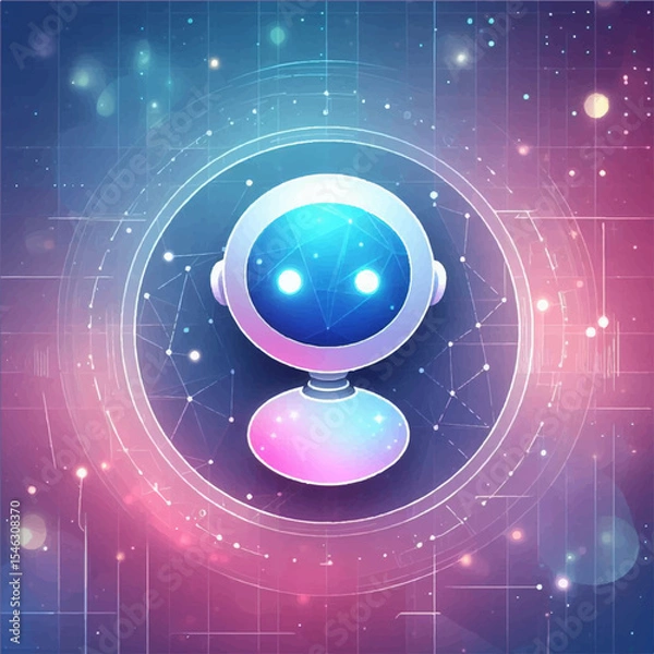 Fototapeta A color image of the avatar of a cute cartoon cyborg in a digital virtual space on a purple blue-pink background. Vector graphics. EPS.