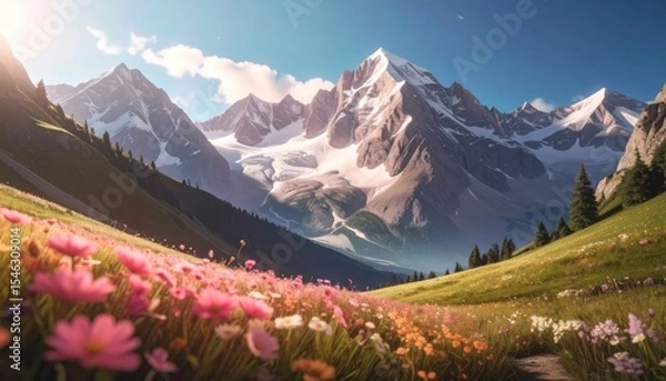 Fototapeta A breathtaking mountain range towers above a valley filled with colorful wildflowers in bloom.
