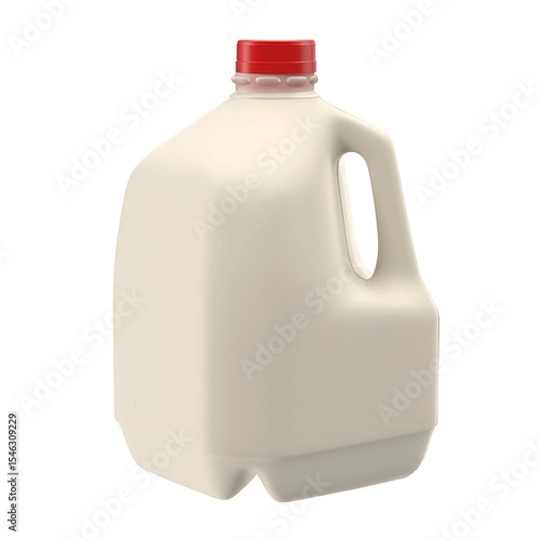 Obraz A container of milk with a red cap, commonly used for storing and pouring milk.