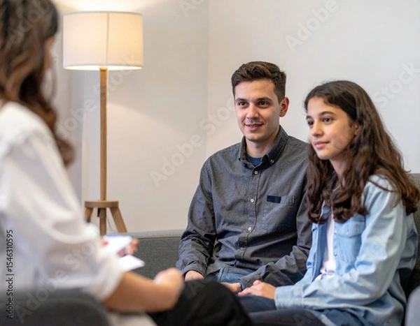Obraz Professional family therapy photography, counseling session, soft office lighting expertly balanced, authentic family dynamics captured, therapist facilitating discussi