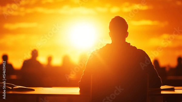 Obraz Person sitting in silhouette against vibrant sunset, reflecting on day