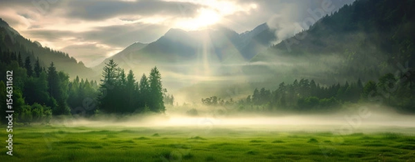 Obraz Misty wilderness valley with sunlight breaking through clouds, creating serene atmosphere