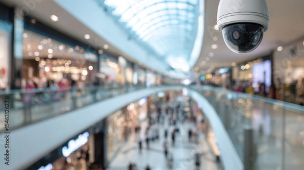 Obraz Interior of shopping mall with surveillance camera ensuring public safety crowd movement tracking and retail business observation