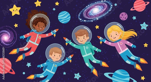 Fototapeta Seamless Pattern of Kids in Space Suits with Rocket Backpacks – Cute Cartoon Vector Design for Children’s Fabric, Wallpaper, and Education Themes