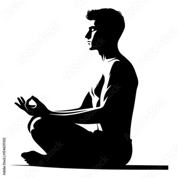 Fototapeta Black and white silhouette of a man sitting in the lotus position during meditation side view on a white isolated background. Vector graphics. EPS.