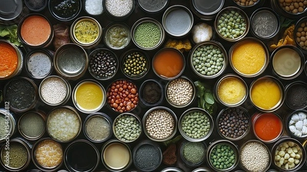 Fototapeta Assorted canned goods arranged in a grid pattern