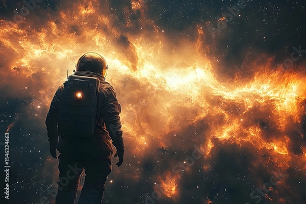 Fototapeta Astronaut gazes at a massive, vibrant nebula in the vastness of space, a cosmic display of glowing colors