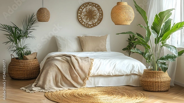 Fototapeta Bedroom interior with woven decor, plants, soft light, textures, and natural materials in a tranquil setting
