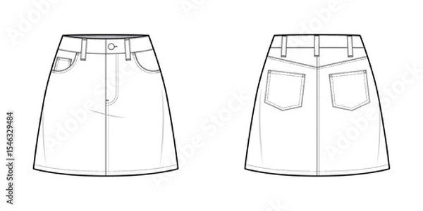 Fototapeta Five Pocket Semi Flared Denim Skirt- Mini skirt Front and Back View- Fashion Technical Illustration- Vector Cad Mock-up 