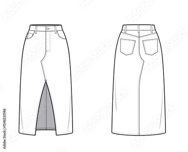 Fototapeta Denim Maxi Skirt with Wide Front Center Slit- 5 pocket Denim Skirt- Straight Design- Front and Back View- Fashion Technical Illustration - Denim Skirt CAD Mock-up