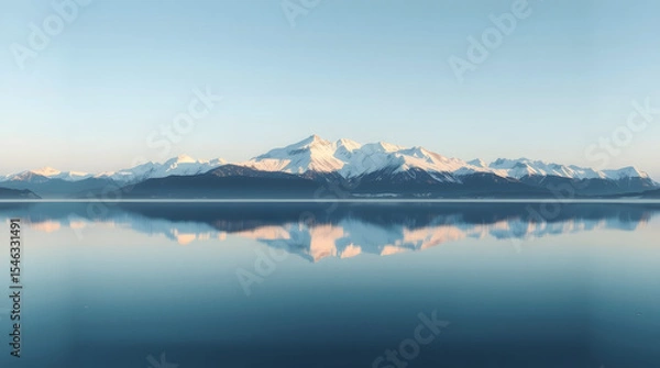 Fototapeta Calm Body of Lake Between Snow Mountains. Generative ai
