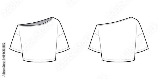 Fototapeta Asymmetrical T-shirt Asymmetrical Neckline Relax Fit T-shirt- Asymmetrical T-shirt- Front and Back View- Technical Illustration- Vector Cad Mock-up 