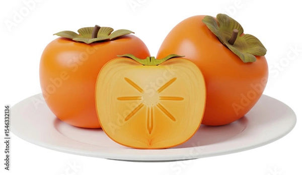 Fototapeta Fresh persimmons on plate with sliced view
