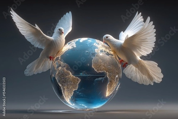 Obraz Peace Doves Embracing Earth Globe with Glowing Lights