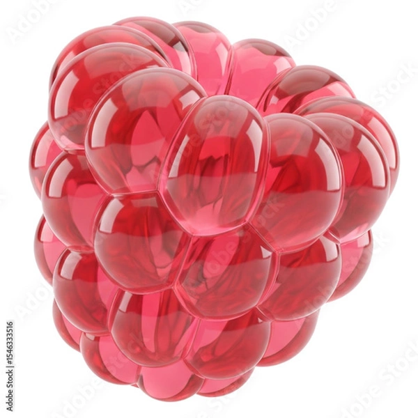 Fototapeta 3D rendering of a glossy, stylized raspberry made from translucent red bubbles, isolated for design use.