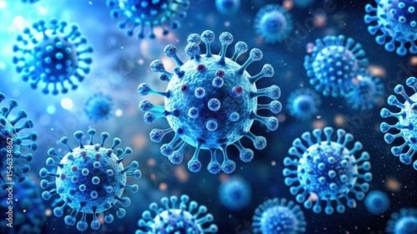 Fototapeta Microscopic view of virus particles in blue light