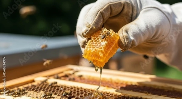 Obraz Beekeeper Harvesting Golden Honeycomb with Dripping Honey in Wooden Hive Frame