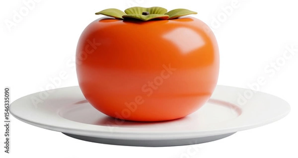 Fototapeta Bright orange persimmon fruit placed upright in the center of a clean white plate, showcasing minimalistic and fresh food styling.
