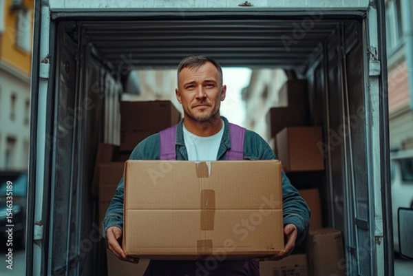 Obraz Delivery man unloading cardboard boxes from a truck on a city street