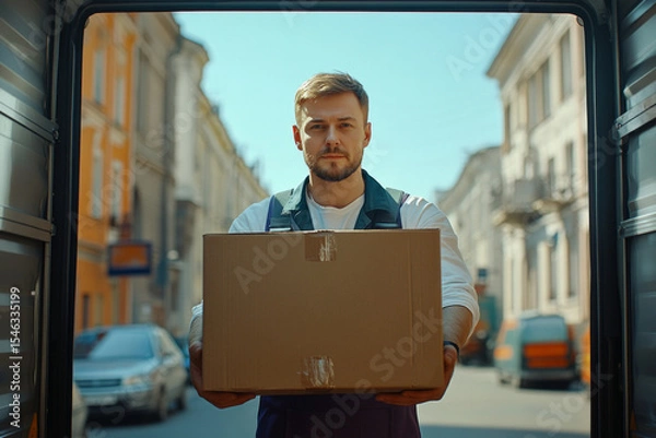 Obraz Courier holding cardboard box delivering package from cargo van in the city