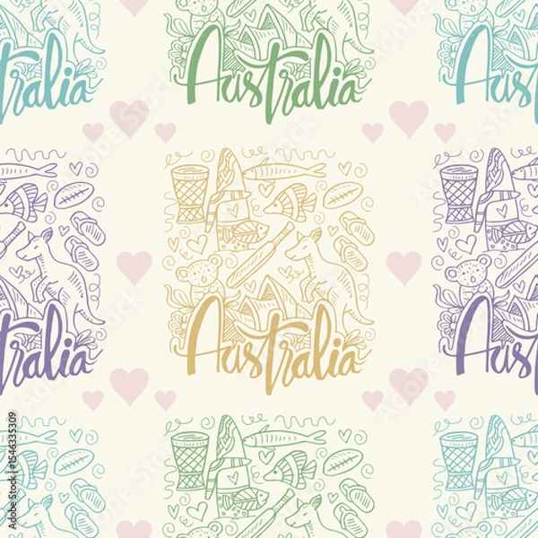 Fototapeta Seamless pattern with Australia-themed illustration with Iconic symbols and hand-drawn elements
