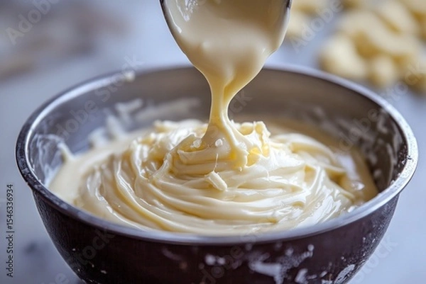 Obraz Creamy filling being poured into a bowl, adding a touch of sweetness to dessert preparation