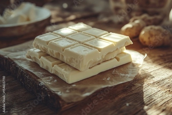 Obraz Two white chocolate bars are placed on baking paper over a wooden board, creating a sweet and rustic scene