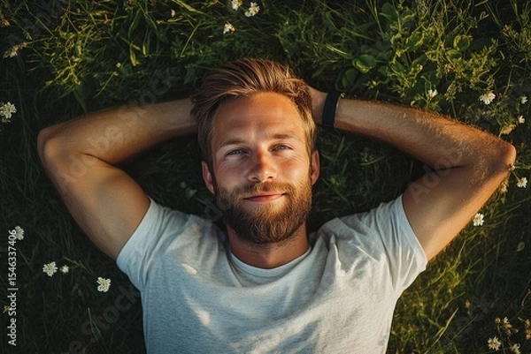 Obraz Portrait of a bearded man lying in the grass with his hands behind his head, enjoying the peace and quiet of nature