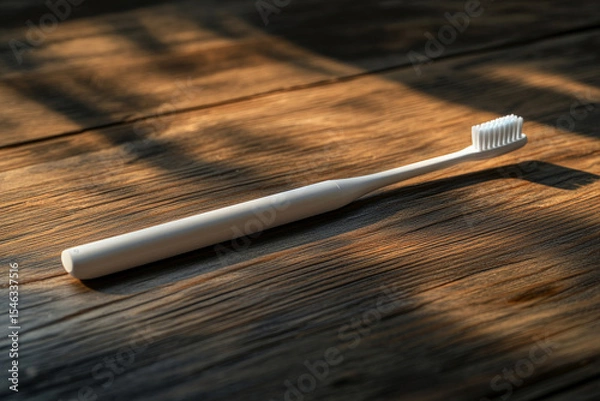 Obraz Modern electric toothbrush resting on a rustic wooden table, illuminated by warm sunlight