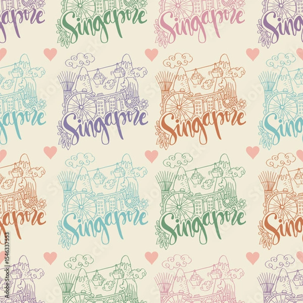 Fototapeta Seamless pattern with cute hand drawn doodle Singapore landmark and icon. Vector illustration.