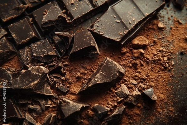 Obraz Pieces of broken dark chocolate bar lying on cocoa powder, creating a tempting and decadent scene