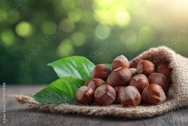 Obraz Hazelnuts are spilling from a burlap sack on a wooden table with green leaves and a blurred natural background