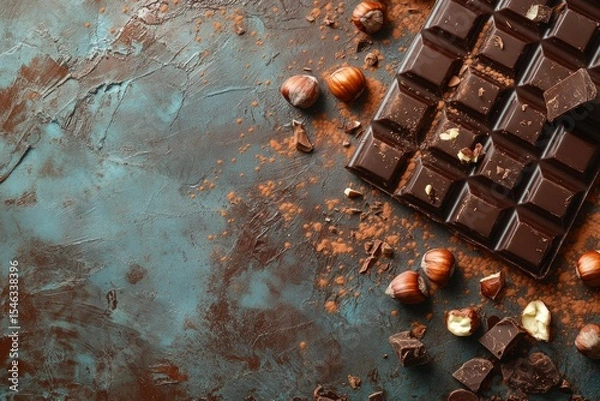 Fototapeta Gourmet dark chocolate bar with hazelnuts and cocoa powder on a textured background, creating a tempting scene for chocolate lovers