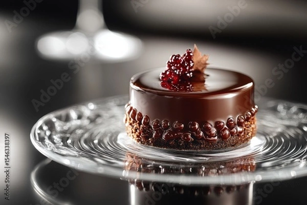 Obraz Small chocolate cake with mirror glaze, decorated with red currants, sitting on a transparent glass plate