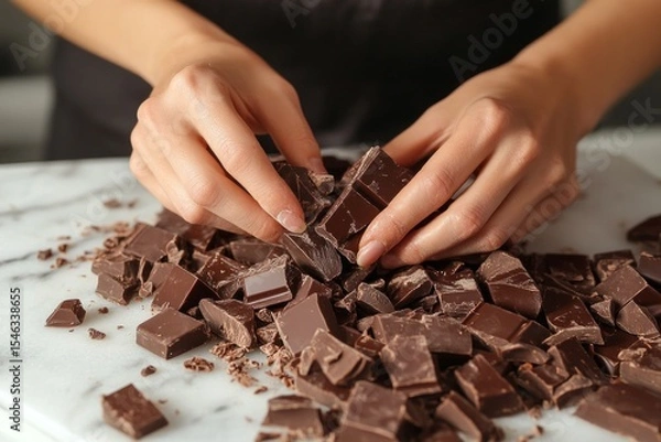 Obraz Pastry chef breaking dark chocolate chunks into smaller pieces on white marble cutting board, preparing ingredients for dessert recipe