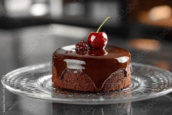 Obraz Small chocolate cake with dripping icing, decorated with cherry and blackberry, served on glass plate
