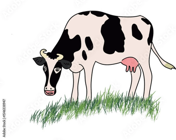 Obraz Vector cartoon black and white cow isolated on white background, Dairy products, farming. Vector drawing of a cow eating grass.