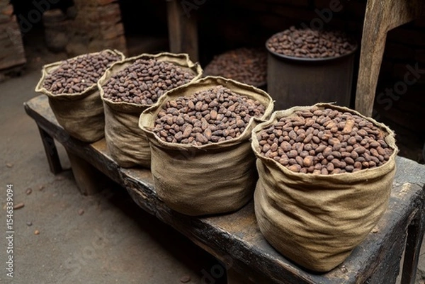 Obraz Burlap sacks brimming with cocoa beans, showcasing the rich harvest ready for chocolate production