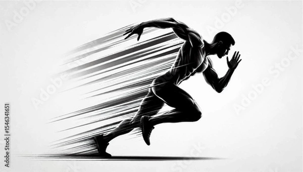 Fototapeta Monochrome black and white illustration of a fast-running man with athletic build on a light gray background. Vector graphics. EPS.