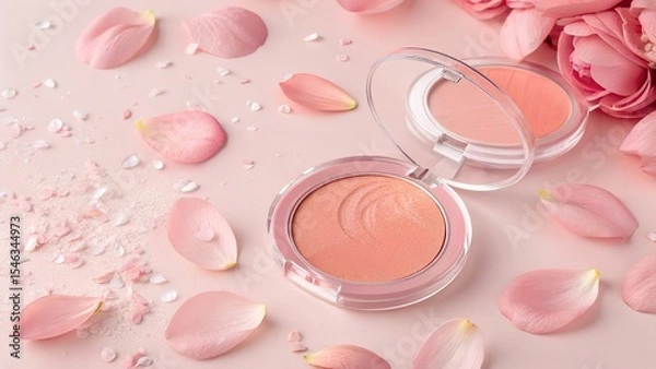 Fototapeta Shimmery Blush Compact with Scattered Rose Petals on Soft Pink Background