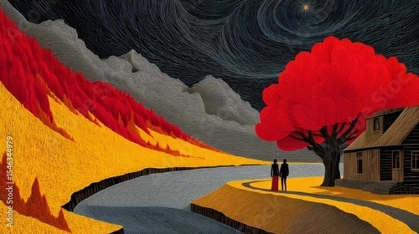 Fototapeta two people walking on the road, red and yellow color scheme, red tree in front of wooden house, flowing landscape style, dark gray sky, black mountain background